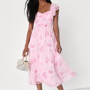 Lulus Loveliest Darling Light Pink Floral Ruffled Tie-back Midi Dress - Size S